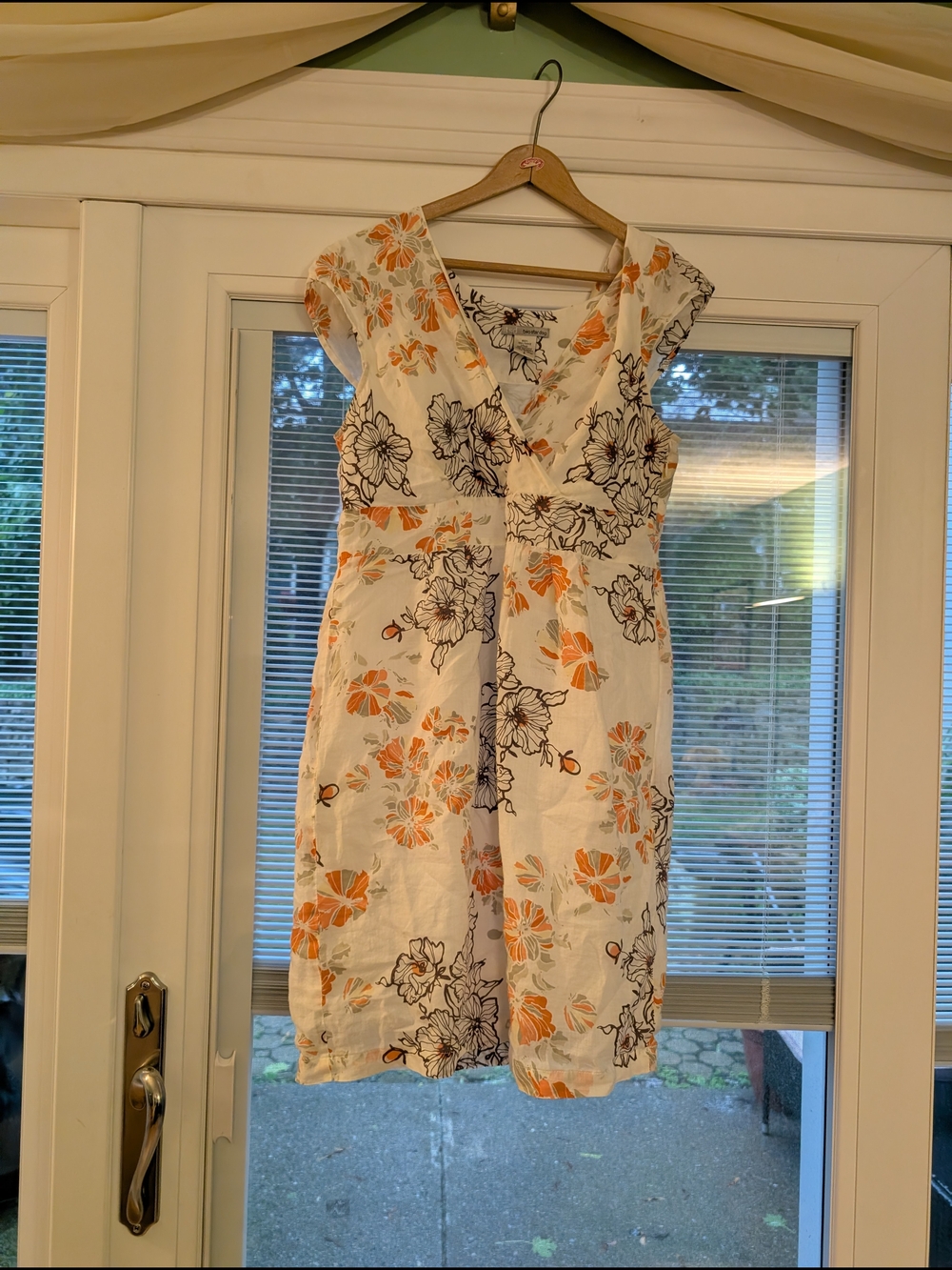 Floral V-Neck Midi Dress in White with Orange & Black Print